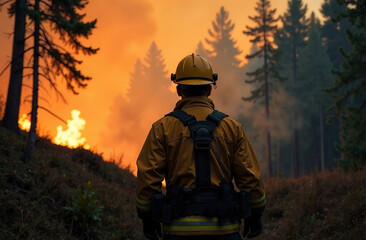 Firefighter in forest fire background, emergency rescue service. AI Generative