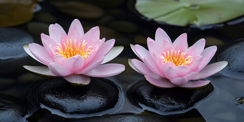 Pink Water Lilies Blooming on Calm Pond Surface