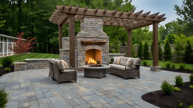 Large gray pergola on pavers with stone fireplace and waterfall urns for backyard oasis landscape design