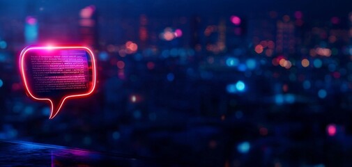 A glowing chat bubble against a blurred cityscape at night, featuring vibrant blue and purple tones, suggesting digital communication and modern technology.