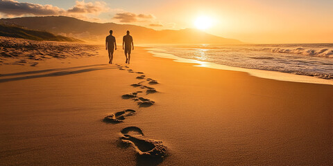 Silhouette of Couple Walking Along Beach at Sunset