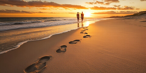 Silhouette of Couple Walking Along Beach at Sunset