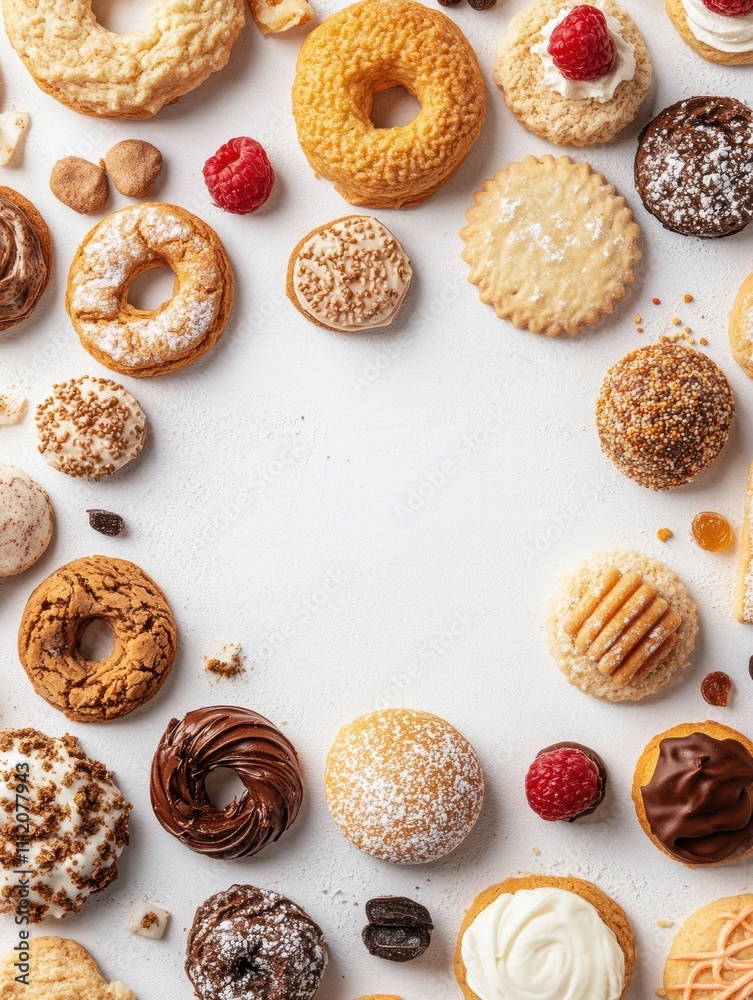 Poster a tempting selection of cookies and sweets arranged on a white background, leaving room for personal