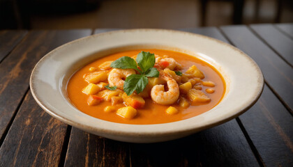 Creamy chupe de camarones in rustic style in warm orange with shrimp, potatoes, corn for hearty meal