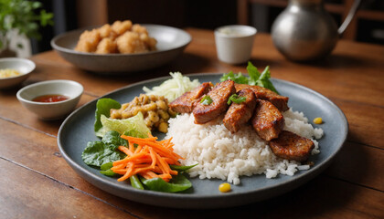 Vietnamese com tam meal in rustic style in warm tones representing Asian cuisine