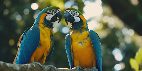 Colorful Parrots Perched on a Branch in Lush Forest