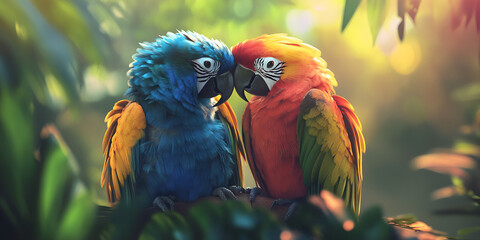 Colorful Parrots Perched on a Branch in Lush Forest