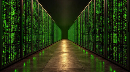 Futuristic Server Room with Glowing Green Data and Digital Matrix