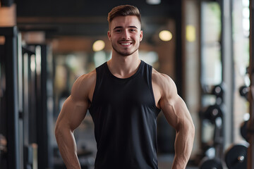 Fototapeta premium Young fit athlete smiling in gym, showcasing strength and fitness lifestyle inspiration