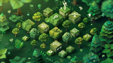 2050 Sustainability Goals Concept with Green Trees, Carbon Neutrality, CO2 Reduction, and Sustainable Development Icons on Cubes Against a Leafy Background