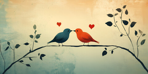 Two Lovebirds on a Branch with Red Hearts in Background