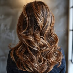 Fototapeta premium Women, caramel highlights on brown hair layering wavy hair color.