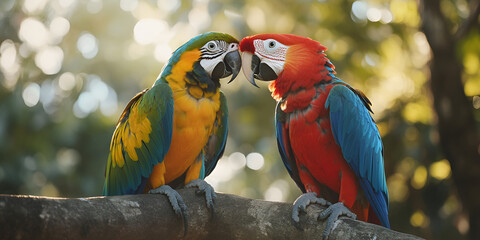 Colorful Parrots Perched on a Branch in Lush Forest