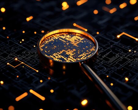 A magnifying glass focuses on a digital circuit board, illuminated with glowing patterns against a dark background, symbolizing technology and data analysis.