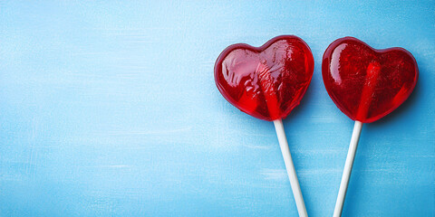 Red Heart-Shaped Lollipops Against Blue Background