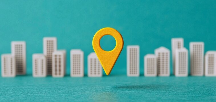 A bright yellow location pin stands before a row of miniature white buildings against a teal background, symbolizing urban mapping and navigation.