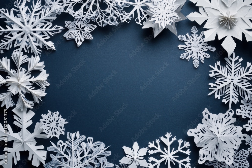 Fototapete delicate paper snowflakes create a beautiful frame on a dark surface, offering a perfect blank area 