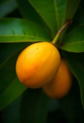 A vibrant display of fresh, ripe mangoes with green leaves. This image showcases the rich colors and natural beauty of these juicy fruits