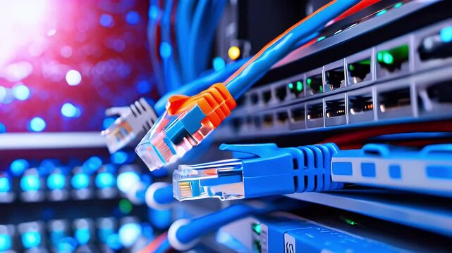 Close-up of network cables connected to a server, highlighting data connectivity.
