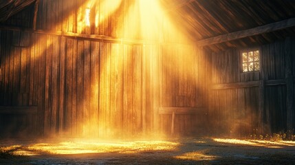 Sunlit wooden barn interior, dusty floor.