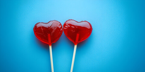 Red Heart-Shaped Lollipops Against Blue Background