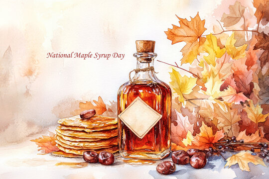 Watercolor illustration of a maple syrup bottle, pancakes, chestnuts, and autumn leaves, celebrating National Maple Syrup Day with warm seasonal tones.