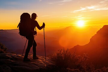 Silhouette of hiker with backpack enjoying sunset over a vast canyon landscape.