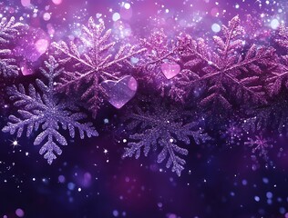 Fototapeta premium A delicate purple snowflake adorned with hearts surrounded by falling snow