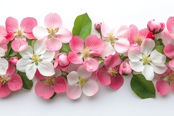 Naklejka premium Delicate pink and white apple blossoms arranged in a beautiful floral border on a white background, perfect for spring or feminine designs.