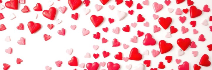 A beautiful background of assorted red, pink, and white hearts scattered on a soft pastel colored surface, affection, love, relationship