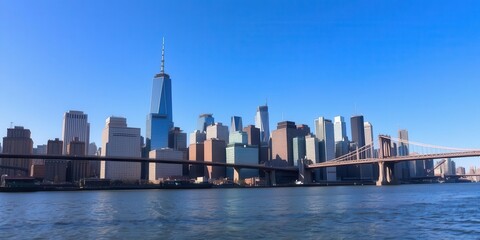 Fototapeta premium Manhattan skyline with skyscrapers and bridges reflecting sunlight in the Hudson river, architecture, commercial