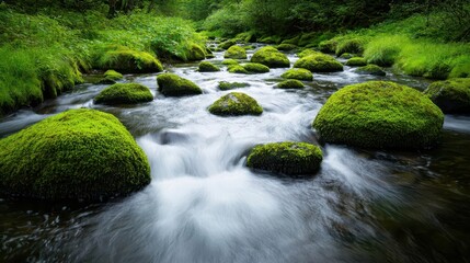 A peaceful mountain stream with moss-covered boulders, flowing gently through a green forest, soft sunlight illuminating the water, stream boulders mossy