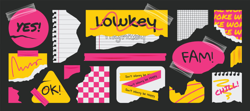 Tape paper torn wrinkles notebook, stickers, tags, labels template. Y2k gen z and millenials slang quotes