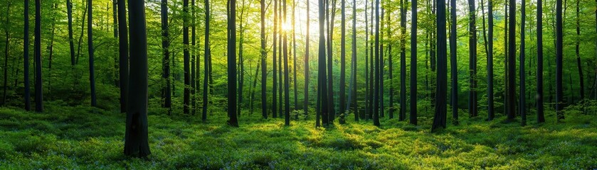 Obraz premium A secluded forest glade, bathed in the soft light of dawn, with blossoms in every color and the air filled with the scent of nature, glade sunlight blossoms