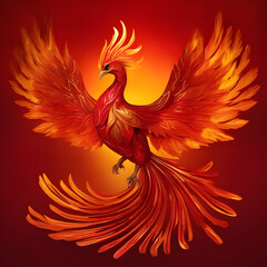 Obraz premium Majestic phoenix rising from flames fantasy realm digital artwork vibrant colors dynamic perspective symbol of rebirth