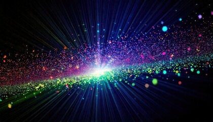 Obraz premium 光と色彩の爆発が、輝く点と躍動感あふれる光線の宇宙に広がります。この画像は、エネルギー、創造性、驚異を表現し、イノベーション、ファンタジー、ダイナミズムの概念を象徴するのに最適です。