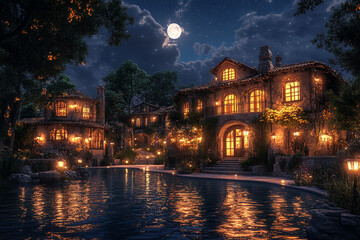 Obraz premium Nighttime Village Scene Illuminated Houses Moonlit Sky