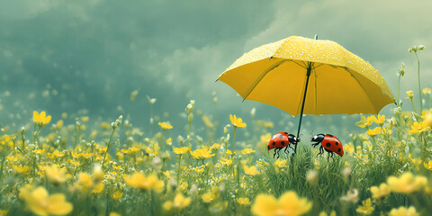 Two Ladybugs Sheltering Under Yellow Umbrella in Spring Meadow