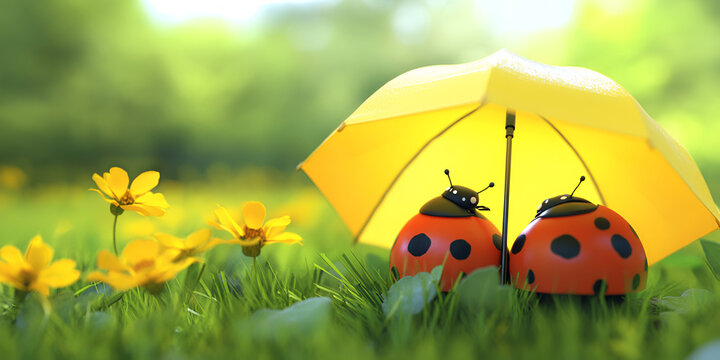 Two Ladybugs Sheltering Under Yellow Umbrella in Spring Meadow