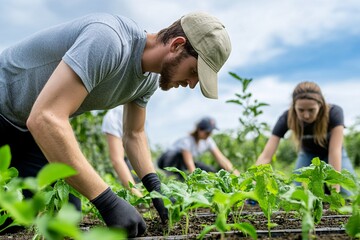 A group of people tending to plants in a field, focused on agriculture and sustainable farming practices under a bright sky.