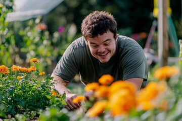 Young man with down syndrome gardening marigold flowers in community garden