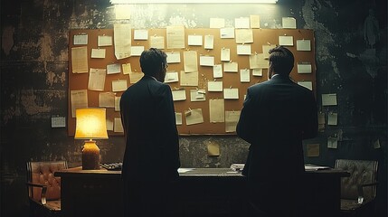 Rear view. two guys in a fine suit, arguing, desk in front and cork board on the wall with many pinned papers with ideas and also maps to track down in the dim room, one little spot light on the desk.