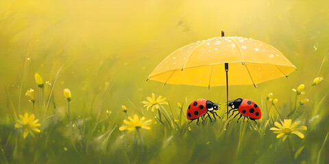Two Ladybugs Sheltering Under Yellow Umbrella in Spring Meadow