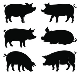 Simple Black and White Pig Silhouettes Vector Illustration