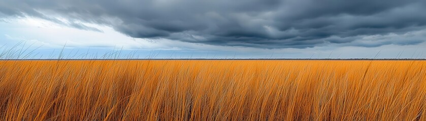 Rain-soaked tall grass on the savannah, dark clouds above and the distant horizon blending with the misty rain, creating a moody, atmospheric scene, Savannah tall grass rain
