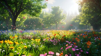 A vibrant spring meadow with colorful flowers blooming, surrounded by fresh green trees under a bright sky.
