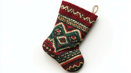 Christmas stocking sock with festive patterns isolated on white background