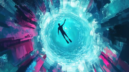 Futuristischer Taucher in leuchtendem Ozean