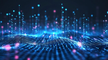 Abstract digital background with glowing blue and red lines.