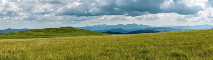 Fototapeta premium Windswept grassy plateau stretching out toward the horizon, with mountains faintly visible in the distance and dramatic clouds above, plateau grass horizon